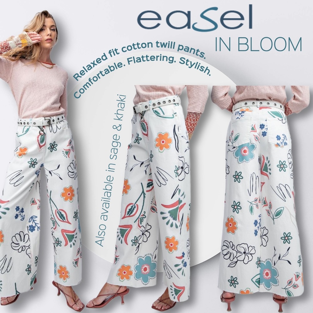 EASEL "IN BLOOM" RESTOCKED Denim Pant Flared Leg Relaxed Fit Stretchy FLATTERING